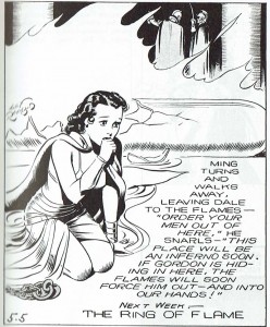 Dale Arden, compañera de Flash Gordon, acosada por las llamas, en la obra de Alex Raymond (1940), antes de ser salvada por el héroe.