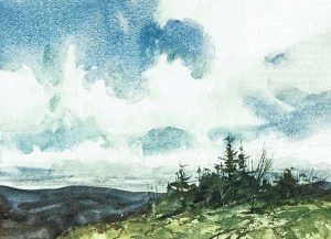 Paisaje con nubes y bosque pintado con acuarela